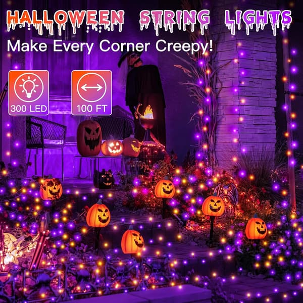 Halloween-lys udendørs 300 LED 100FT orange og lilla 8 tilstande timer plug-in indendørs udendørs