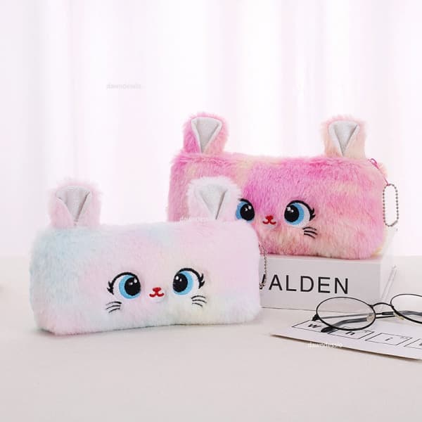 Cartoon Cute Cat Plush Bag Pencil Case Fluffy Large Capacity Pink