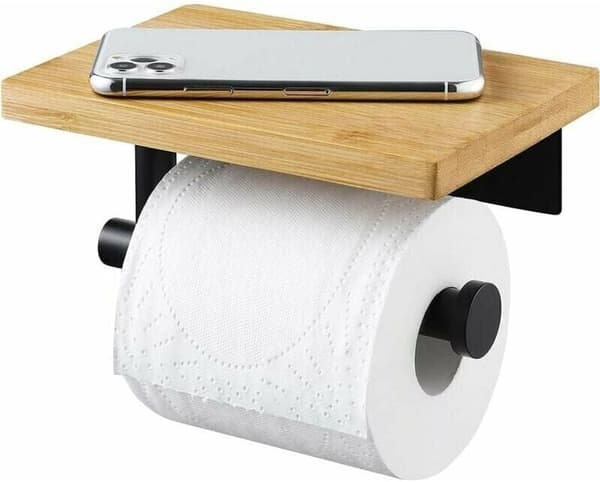 Sort selvklæbende toiletpapirholder med bambushylde. Væg