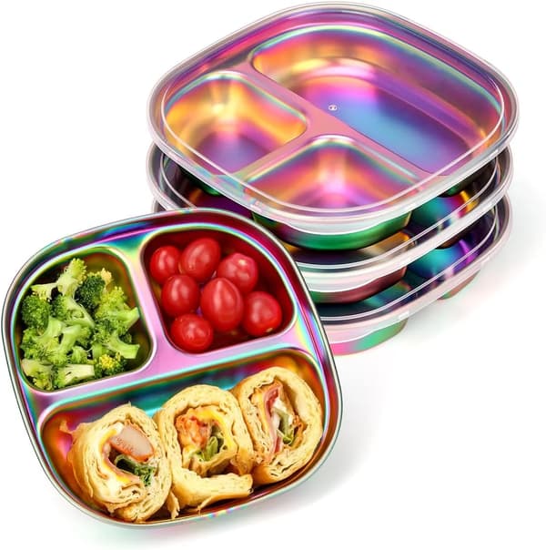 Rustfrie stålplater med rom og lokk, 4-pakning barnetallerkener for småbarn og barn, regnbuefarger
