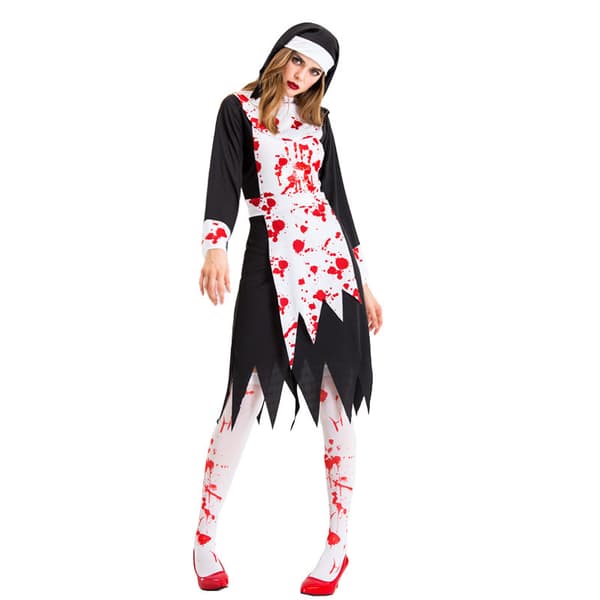 Vampyr Zombie Nunnedräkt Halloween Kostym Cosplay Blodfläckad