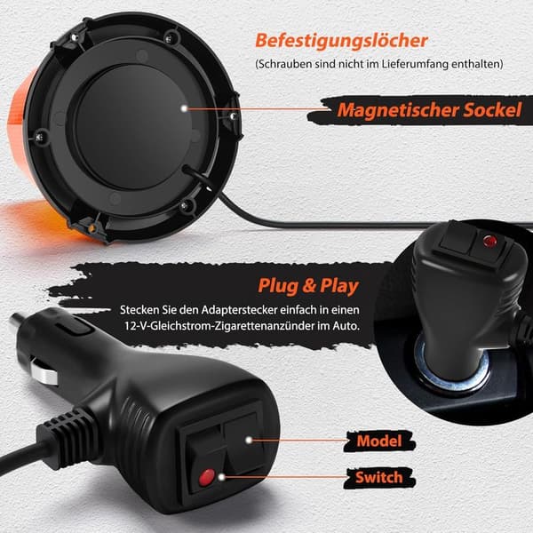 12V/24V LED-roterende advarselslys, 2 blinktilstande, 3m kabel, cigarettænderstik, til lastbil