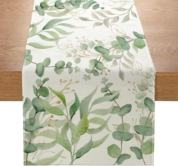 Eucalyptusblader Sommer Bordløper Salviegrønn Bordduk Bomull Lin Sesongbasert Bordløper, 33x183cm