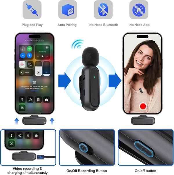 2-pakning trådløs lavaliermikrofon for iPhone, iPad, Android og PC med ladeetui, støyreduserende clip-on-mikrofon