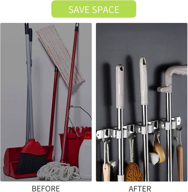 Grå vægmonteret kost- og moppeholder - Kost- og moppeholder i rustfrit stål, opbevaringsophæng til køkken, vaskerum, garage (3 pladser)
