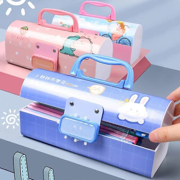 Multifunctional Pencil Box with Double Password Lock, Large Plastic Stationery Case with Combination Lock (Dinosaur Purple)