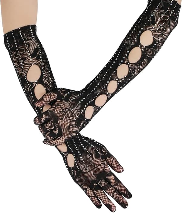 Pair of black gloves, 40 cm, fishnet gloves in soft stretch mesh tulle