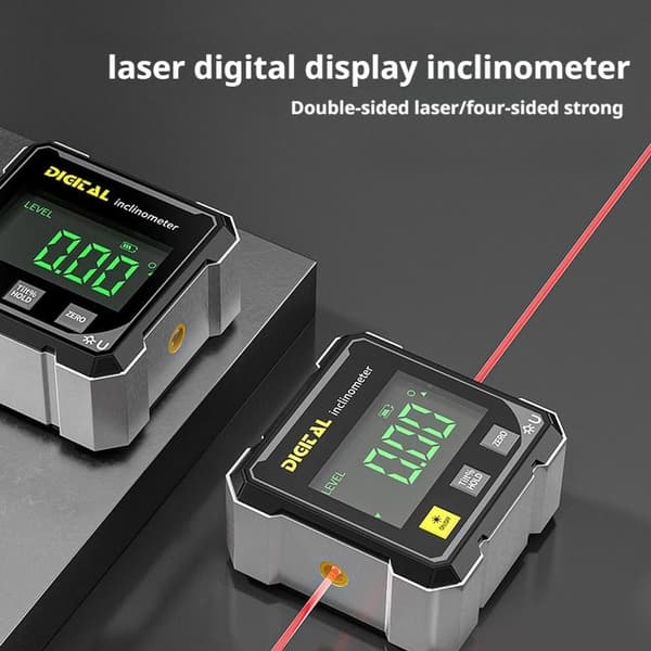 Digital vinkelmåler med laser, 4-sidet magnetisk base, inklinometer med baggrundsbelysning, USB-genopladelig, til bordsav