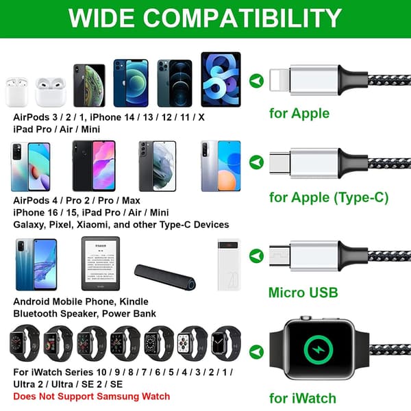 Multi-opladningskabel til Apple Watch, magnetisk trådløs oplader, 4-i-1 nylonflettet kabel til flere enheder, USB C/M