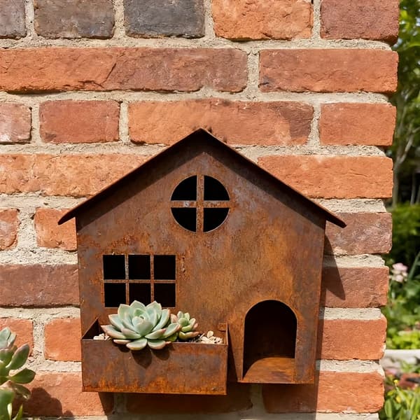 3D Smidd jernhus-plantekasse - Rustikk blomsterfat for sukkulenter - Utendørs hagedekor Rusty House Flower Pot