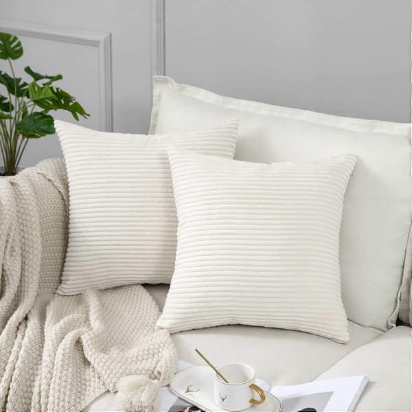 White Decorative Throw Pillow Covers Set 40x40 cm, Soft and Comfortable Ribbed Pillow Case, 2-Pack, Striped Decoration