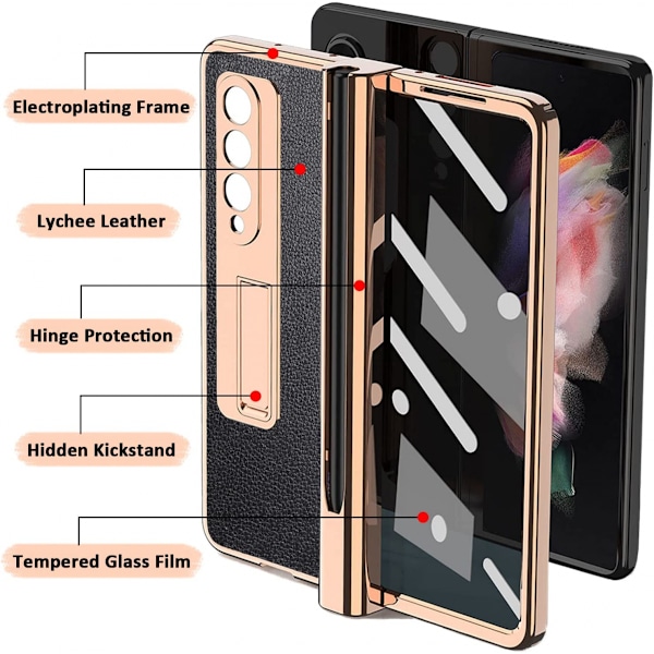 Til Samsung Galaxy Z Fold 3 Stødsikker Hængselbeskyttelse HD Hærdet Glas Skærmbeskytter PU Læder Hård PC Ramme Fuld Dækning C