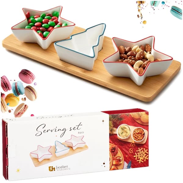 Snackskålset i porslin med bambubricka, 4 delar