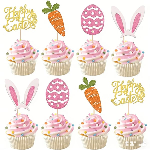 Easter Cake Decorations, Popular Bunny Ear Cake Toppers, Cute Double-Layer Animal Cupcake Decorations - 12pcs-FX-