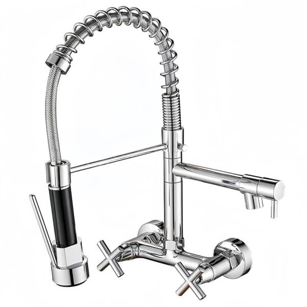 Wall Mounted Kitchen Faucet with Spring, Hot and Cold Water, Dual Handles