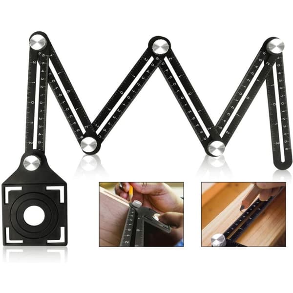 Multi-angle Measuring Ruler with Positioning Holes, 6-Sided Aluminum Alloy Folding Ruler, Template Measuring Tool, Black