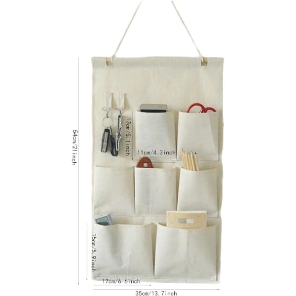 Hanging Storage Bag for Linen/Cotton Wardrobe Door with Hooks (Seven Pockets)