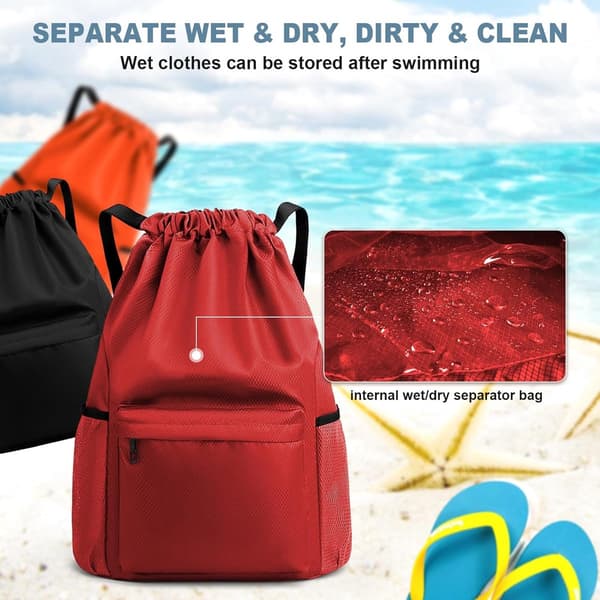 Gym Drawstring Backpack, Waterproof, with Wet and Dry Compartment and Multiple Pockets, Unisex, 18.5 Inch Large.