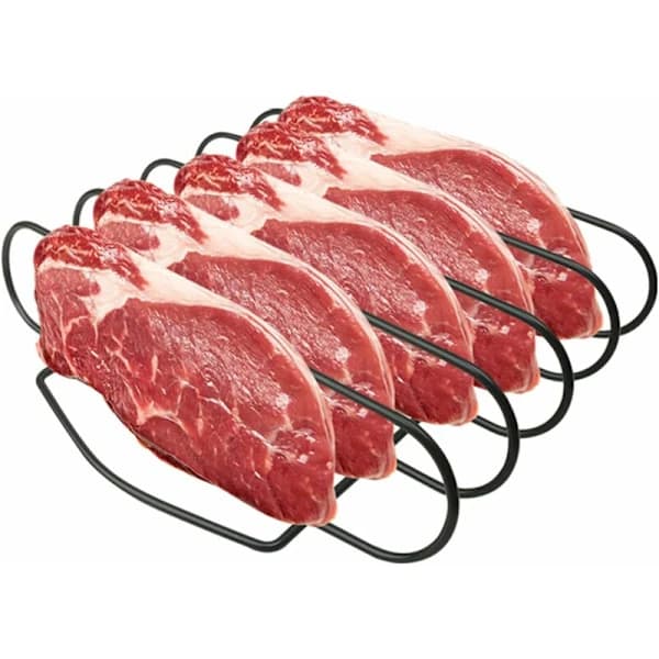 BBQ Rib Rack Non-stick Iron 4 Slots Roasting Rack with Side Handles for Grilling Smoking Camping Oven Black 11.4 Inch
