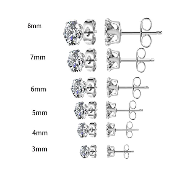 Øreringe i rustfrit stål, kompatible med mænd og kvinder, sorte og sølvfarvede runde kubiske zirkoner, 12 par 3mm - 8mm[LD]