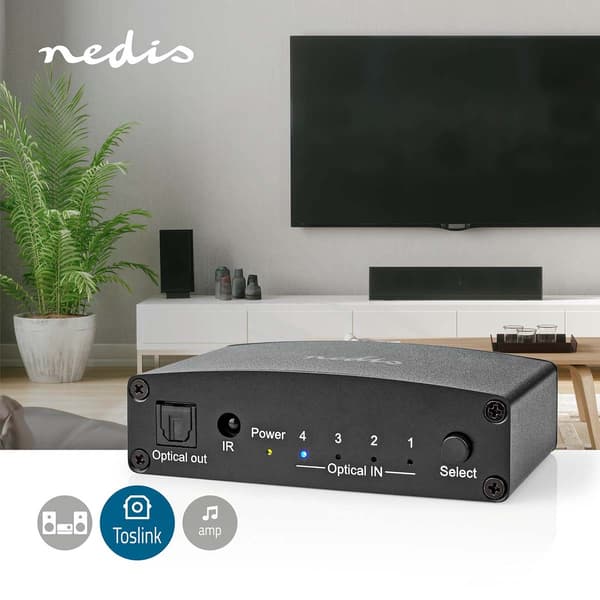 Nedis Digital Audio Switch 4-vejs TosLink Switch Sort Svart
