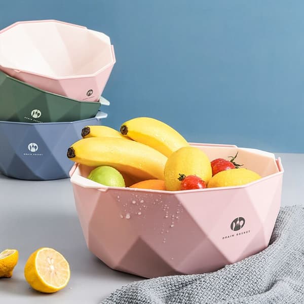 Kitchen Strainer, Colander, Pasta Strainer, Fruit and Vegetable Strainer, Double-Layer Drain Basin and Basket, Green