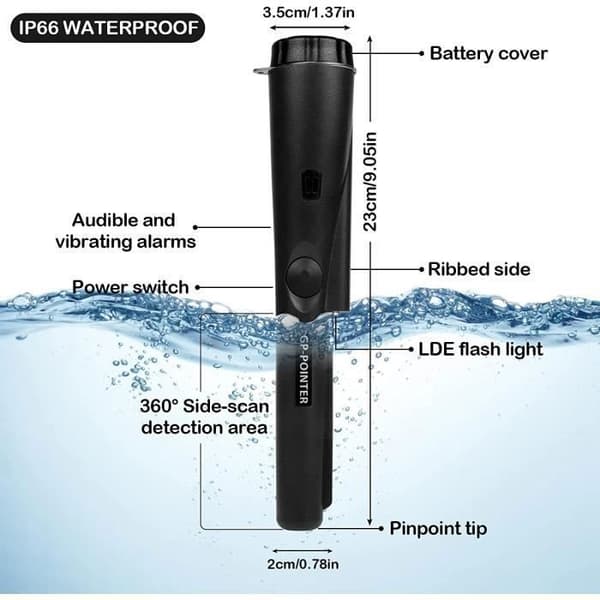 Bærbar metalldetektor, 360° Pinpointer, IP66 vanntett metalldetektor med integrert LED-indikator
