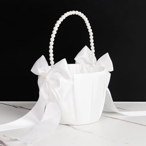 Blomsterpigekurve til bryllup, hvid blomsterkurv med perlehåndtag til blomsterpiger