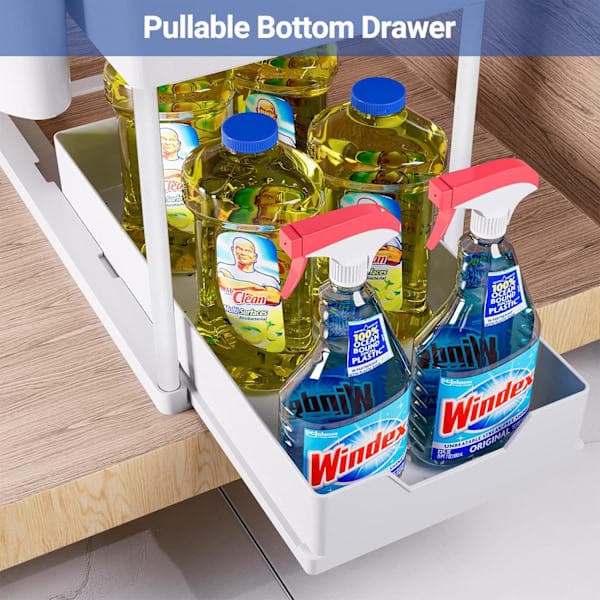1-pack Kitchen Storage Under Sink, 2-Tier Under Sink Shelf with Pull-Out Drawer, Versatile Bathroom Storage Under Sink for Cou White White 1