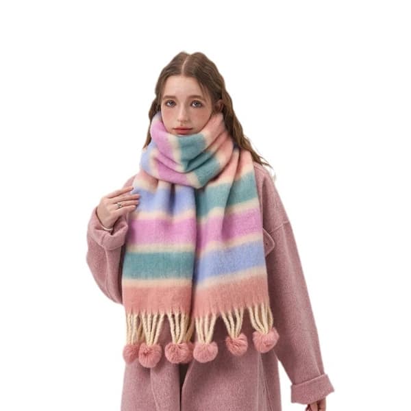 Striped Shawl with Fur Ball