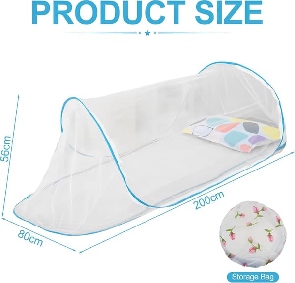 Foldbart Myggenet til Enkelseng, Fint Net, Rejse & Camping Pop-Up Net (Blå) blue