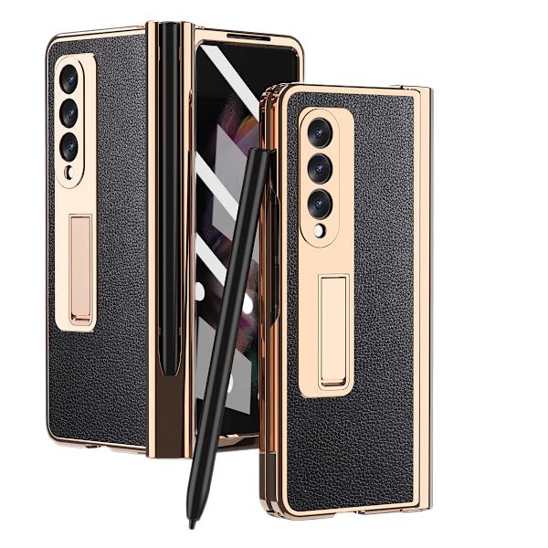 För Samsung Galaxy Z Fold 3 Stötsäkert Gångjärnsskydd HD Härdat Glas Skärmskydd PU Läder Hård PC Ram Full Täckning C