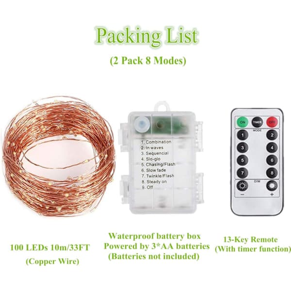 x 10m Battery Operated LED String Lights 100 LED Bulbs Timer Function with Remote Control IP65 for Christmas Wedding Party Home Garden Yellow Light