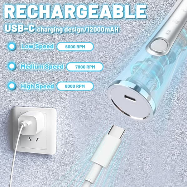 Elektrisk eggvisp med USB-C-ladekabel og 2 visper i rustfritt stål, oppgradert 3-trinns elektrisk drikkemikser