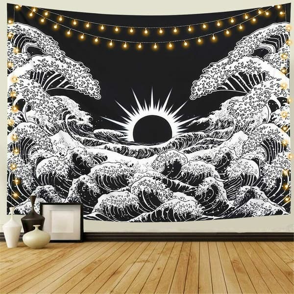 Mandala-gobeliini, suuri aalto auringonlaskulla, valtameri, mustavalkoinen gobeliini, seinävaate olohuoneeseen, makuuhuoneeseen (aalto, M / 130x150cm)