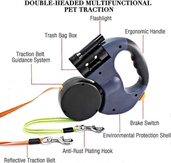 Infällbart dubbelkoppel för två hundar, 3 m, halkfritt grepp, ABS/nylon, för små och medelstora hundar