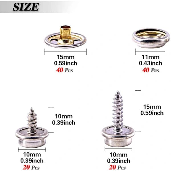Boat Cover Snap Fasteners Kit in Marine Grade SS, 40 Sets (120 Pcs), Incl. Mounting Tools, Silver