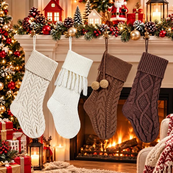 Strikket julestrømpe med slikpose, 4-delt sæt, polyester, julepynt til indendørs brug A set of 4 See details