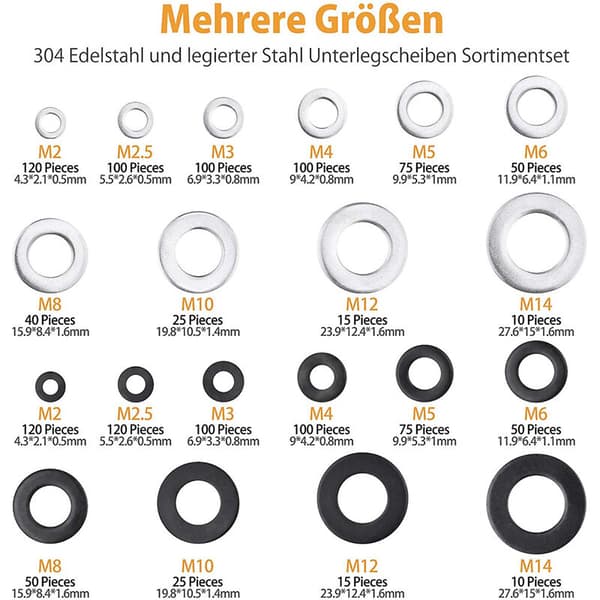 Flat Washers - 1300 Pcs Flat Washers Series 10 Sizes Stainless Steel Flat Washers and Lock Washers Washer Assortment