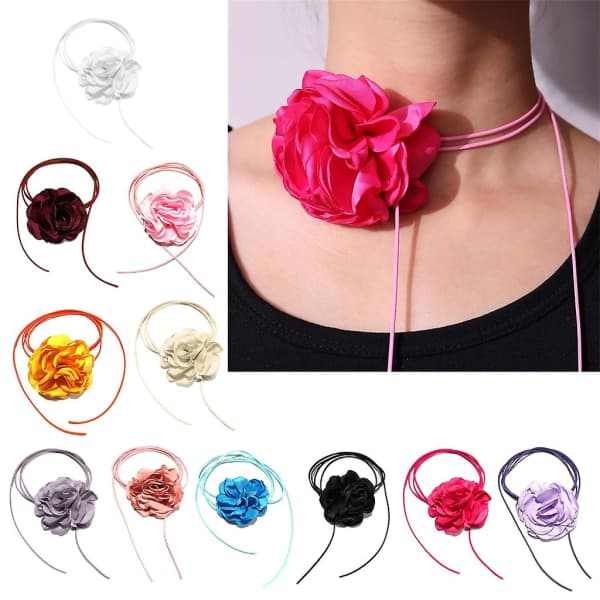 Stor Rosenblomst Kragebenskjede Enkelt Justerbart Stoffhalsbånd Dame Choker Blå Blue