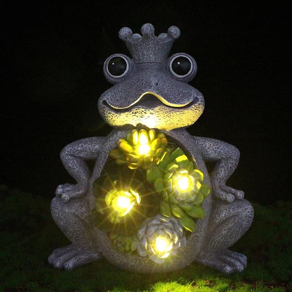 Solar Garden Statue, 17 cm Frog Figurine with Succulent and 4 LEDs