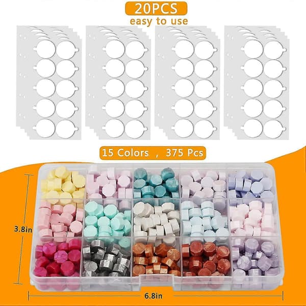 Voksforseglingspunkter, 200 stk. selvklebende voksforseglingsbakside for voksforsegling, 15 farger og 375 stk.