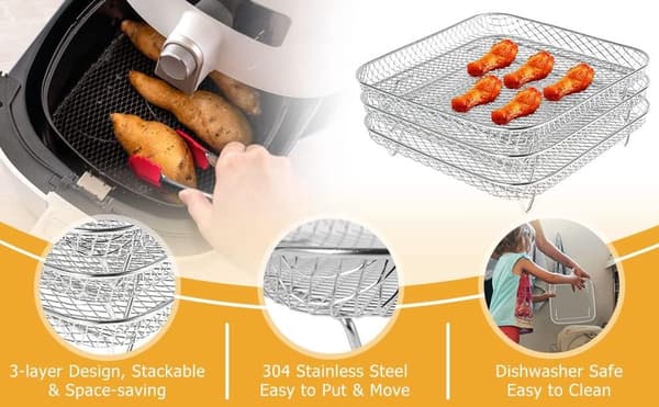 3-lags Airfryer-stativ, Firkantet Grilltørrestativ, Rustfrit Stål, Stabelbart, med 8 Silikonefødder & Klemme