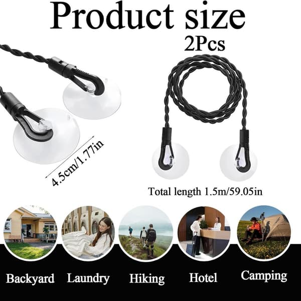 2 Travel Clotheslines - 1.5m Extendable to 2.5m, with Hooks and Suction Cup - Windproof, for Camping - Black