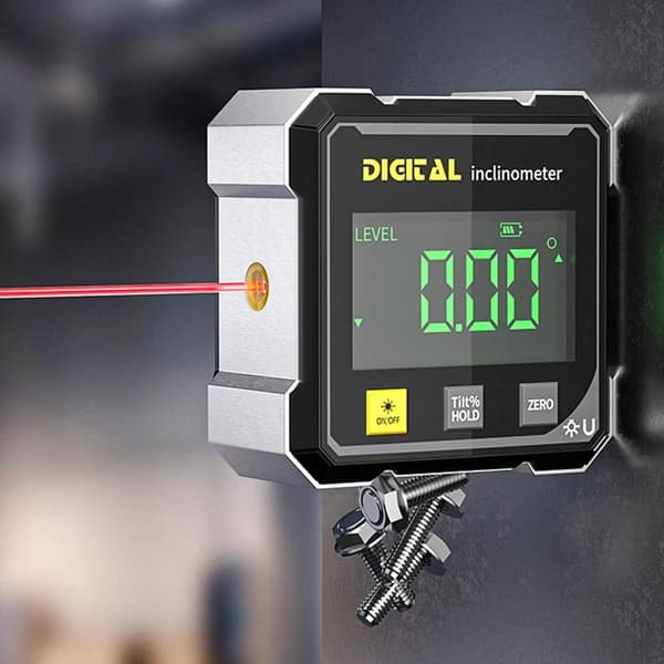 Digital vinkelmåler med laser, 4-sidet magnetisk base, inklinometer med baggrundsbelysning, USB-genopladelig, til bordsav