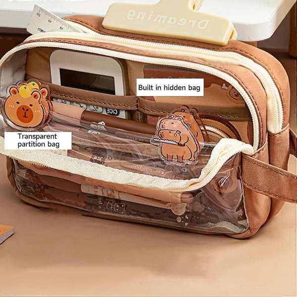 Cute Pencil Case, Transparent Pencil Case, Large Capacity Capybara Pencil Case, Multi-layer Cute Transparent Case with Stickers, Brooch
