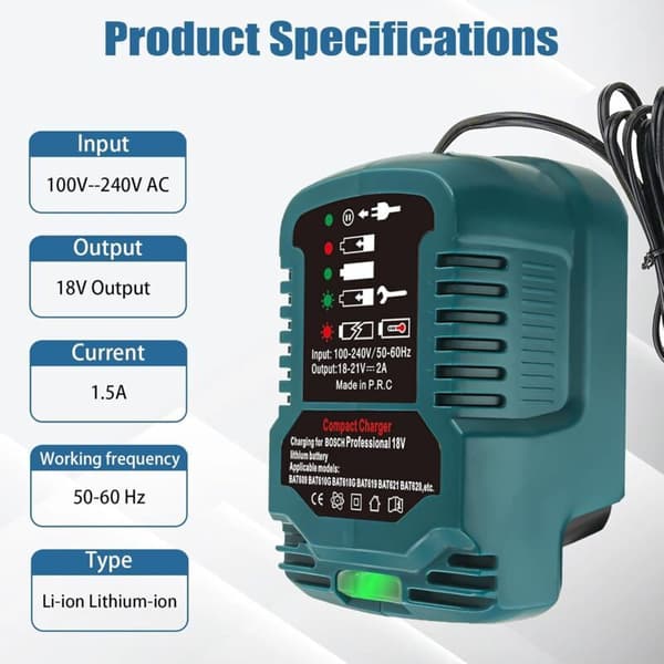 Oplader til Bosch Professional 18 V batterisystem GBA 18 V med LED-display, hurtigoplader kompatibel med Bosch 18 V batteri BAT6