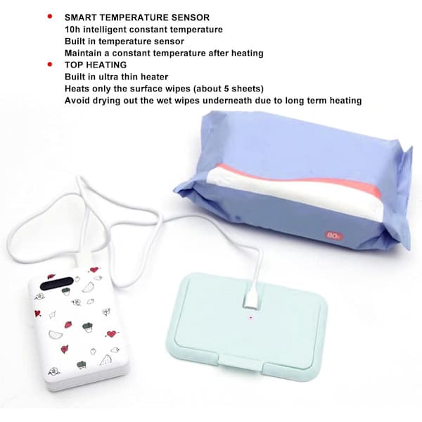 Portable Wet Wipe Warmer, Ultra-Thin USB Hot Wipe Dispenser, Constant Temperature, Light Blue