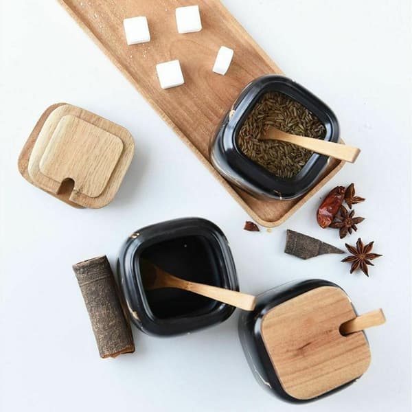 Stylish Ceramic & Bamboo Spice Jars - Organize Your Kitchen Svart black