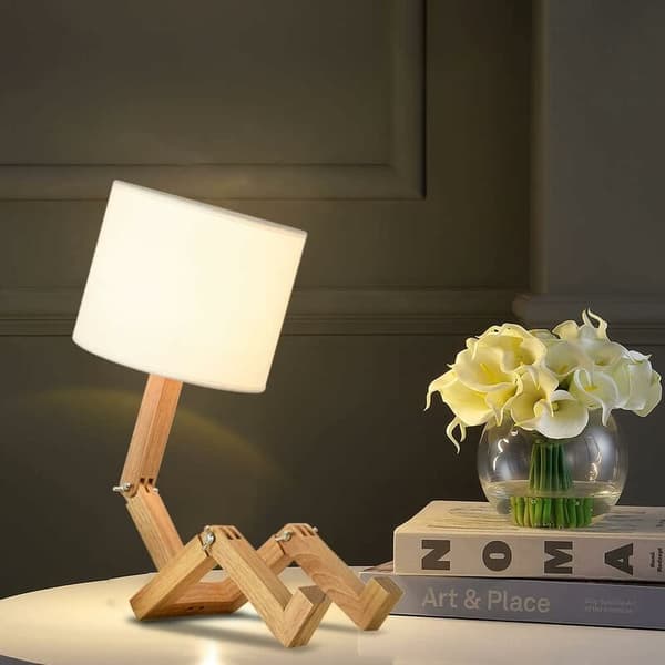 Creative Robot Table Lamp, Adjustable Can Hold Books Wooden Bedside Lamp with Fabric Shade E27 Screw for Decorative Lighting [Energy Class A]